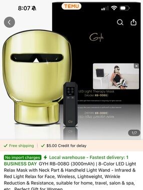 Gold LED Light Therapy Face Mask - 8-Color